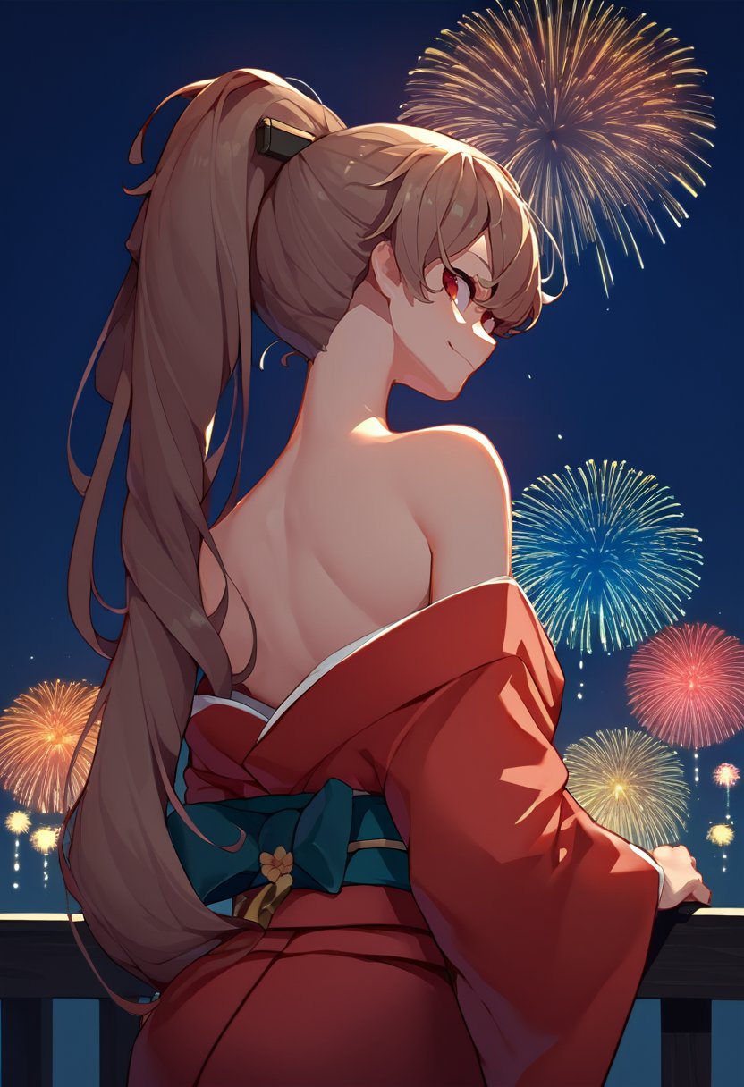 score_9, score_8_up, score_7_up, source_anime, from behind, solo, 1girl, jeanbartdef, slight smile, looking back, brown hair, high ponytail, hair bow, japanese clothes, red kimono, off shoulder, bare shoulders, fireworks <lora:azurlane_jeanbart_ponyXL:1>