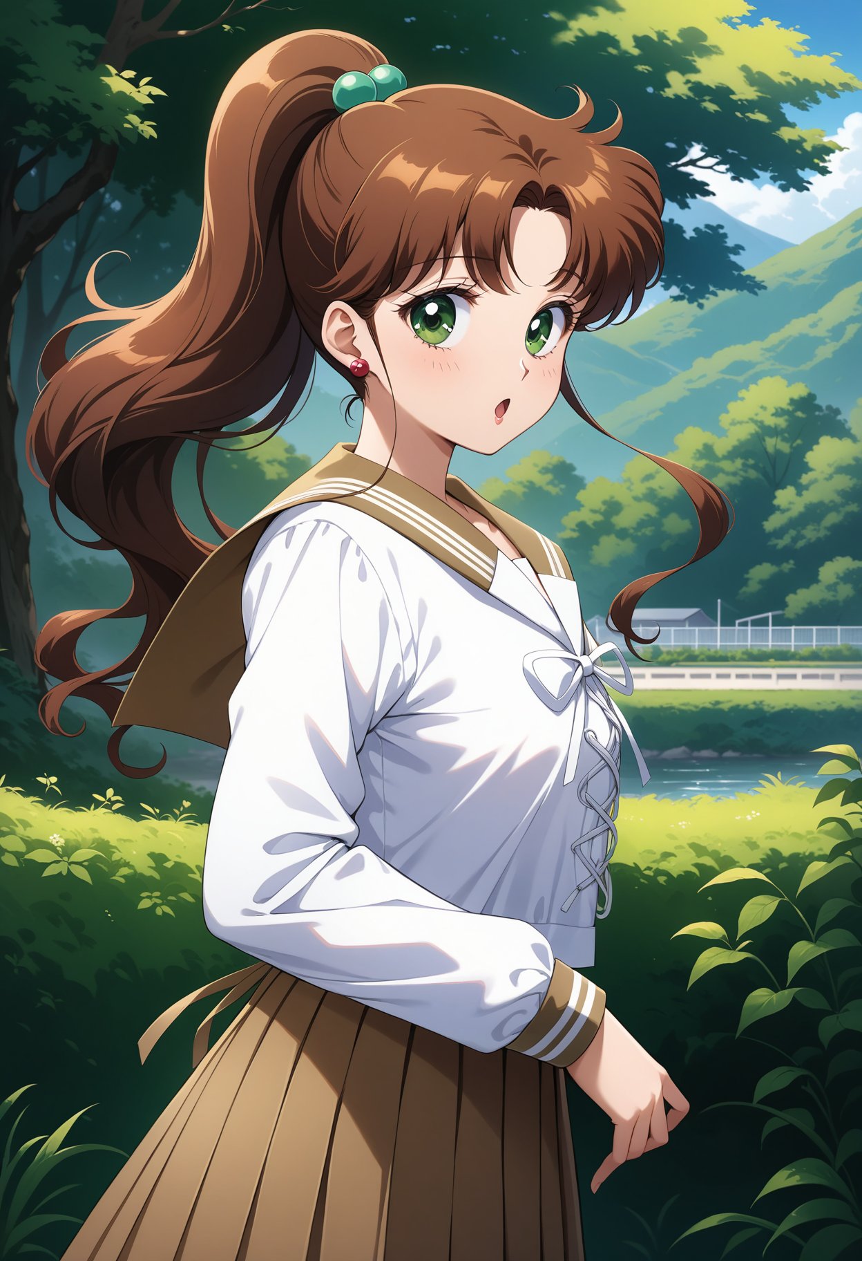 (masterpiece, best quality, very aesthetic, ultra detailed), intricate details, 4k, aajupiter, long hair, brown hair, ponytail, hair bobbles, green eyes, school uniform, brown sailor collar, white shirt, white ribbon, long sleeves, long skirt, brown skirt, <lora:sailor_jupiter_animaginexl_v2:0.9>, :o, from side, outdoors, looking at viewer, 