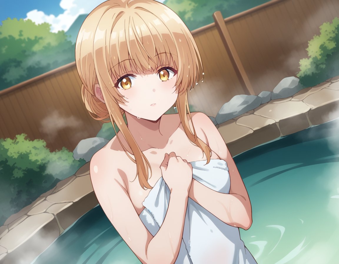 score_9, score_8_up, score_7_up, source_anime,mahirushiina, <lora:mahiru-shiina-s1-ponyxl-lora-nochekaiser:1>mahiru shiina, bangs, blonde hair, brown hair, yellow eyes,nude, naked, outdoors, onsen, towel, naked towel, steam, bathing, nude cover, partially submerged, water, bath, steam censor, wet towel,looking at viewer, dutch angle, cowboy shot