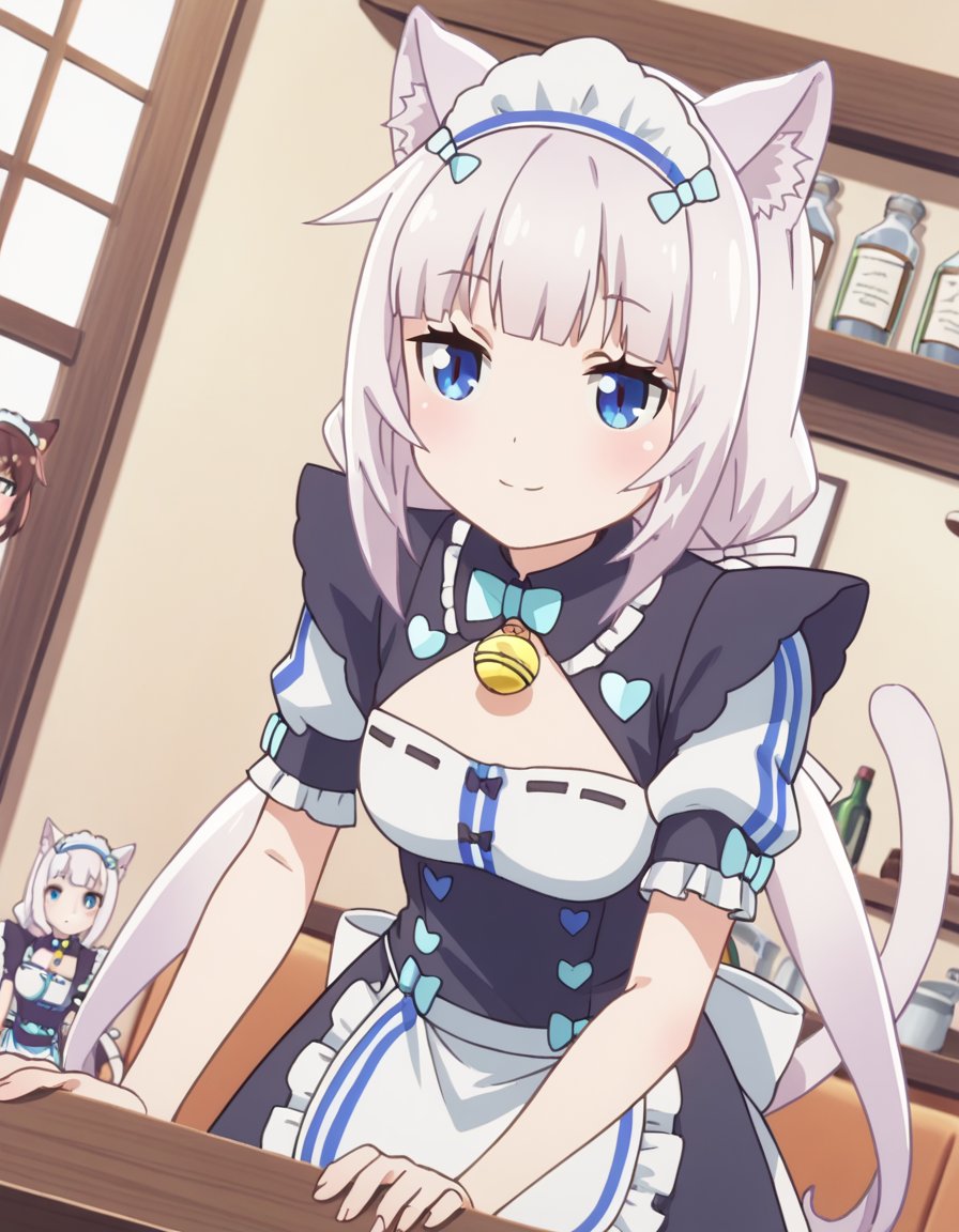 score_9, score_8_up, score_7_up, source_anime,nekoparavanilla, <lora:nekopara-vanilla-s1-ponyxl-lora-nochekaiser:1>,vanilla, long hair, bangs, blue eyes, animal ears, twintails, very long hair, white hair, cat ears, blunt bangs, animal ear fluff, low twintails, cat girl,dress, bow, tail, short sleeves, frills, bowtie, apron, cat tail, maid, maid headdress, bell, cat girl, waist apron, jingle bell, neck bell, waitress,indoors, cafe, bent over, smile,looking at viewer, solo, cowboy shot, dutch angle,