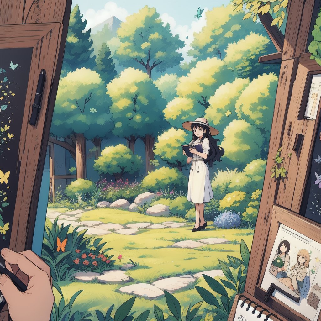 A hyper-realistic illustration of a Latina woman with long, wavy black hair and a sun hat sits cross-legged in a colorful garden. Surrounded by vibrant flowers and fluttering butterflies, she wears a serene smile and holds a sketchbook, diligently drawing the picturesque scenery. The scene is framed with the garden in the foreground, showcasing the abundance of nature's beauty. Bright, cheerful lighting enhances the playful and joyful atmosphere, emphasizing the theme of self-love through creativity and communion with nature.