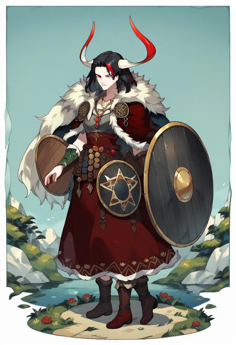 score_9, score_8_up, score_7_up, viking, red eyes, boots, skirt, shield, black hair, cape, full body, necklace, red skirt, fur-trimmed skirt