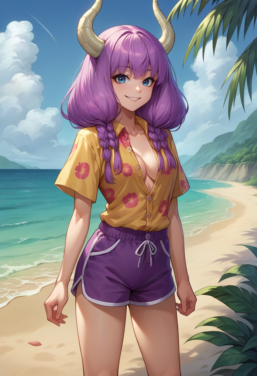 score_9, score_8_up, source_anime, 1girl, solo, AuraFrieren, purple hair, blue eyes, horns, long hair, twin braids, hawaiian shirt, dress shirt, unbuttoned, multicolored shirt, purple shorts, dolphin shorts, smile, outdoors, beach, <lora:ChamAuraPonyXL:1>