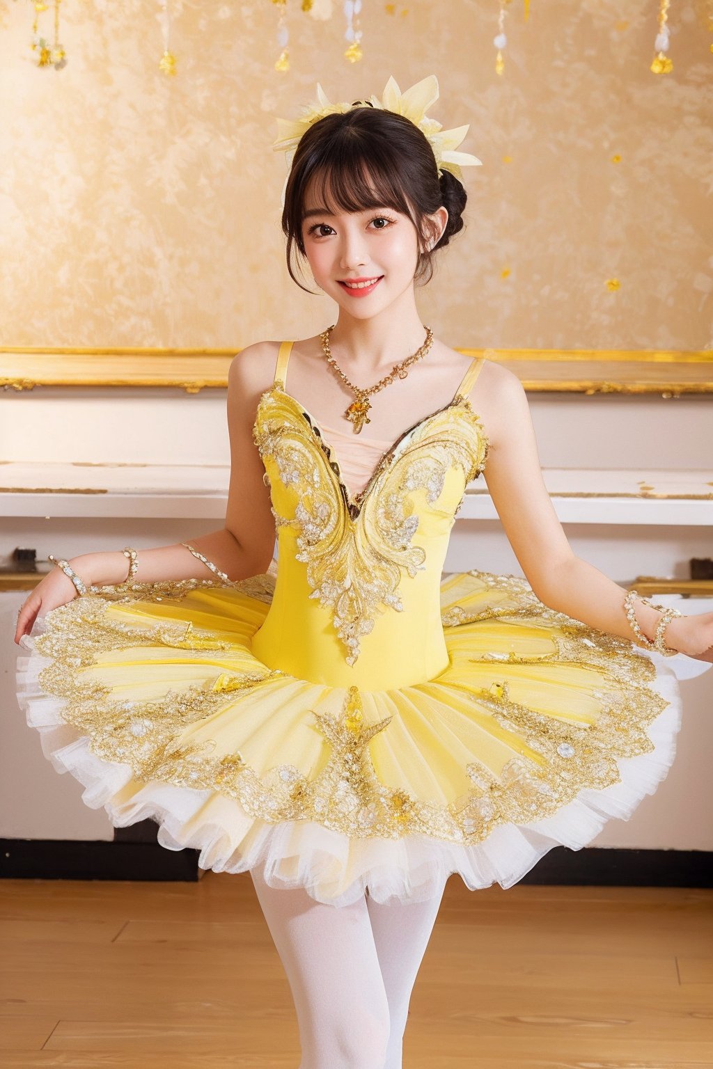 HDR,UHD,8K,best quality,masterpiece,Highly detailed,Studio lighting,ultra-fine painting,sharp focus,physically-based rendering,extreme detail description,Professional,masterpiece, best quality,delicate, beautiful,(1girl),(light yellow Ballet_tutu:1.5),(jewelry:1.5),lace,(looking_at_viewer:1.2), realistic,(blunt bangs:1.2),(hair bun),(standing:1),(hair ornament:1.2), (jewelry necklace:1),dance classroom background,(Half-length photo:1),(smile:1),(white lace stockings:1),