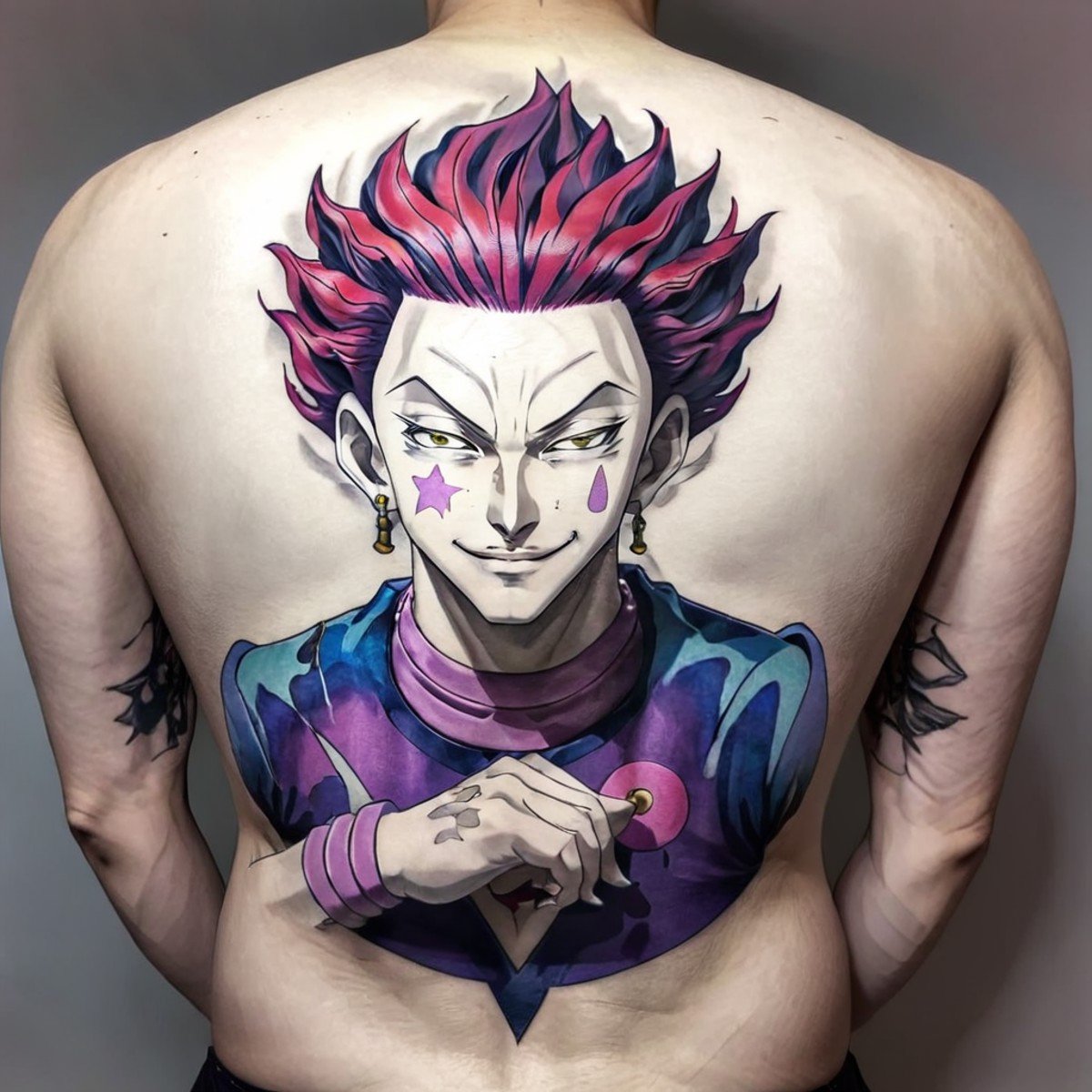 man with a striking tattoo of the Hisoka_Morow, <lora:tattooback:0.5>  ,ultra-detailed,(best quality),((masterpiece)),(highres) ,(an extremely delicate and beautiful),  <lora:Hisoka_Morow:0.8>