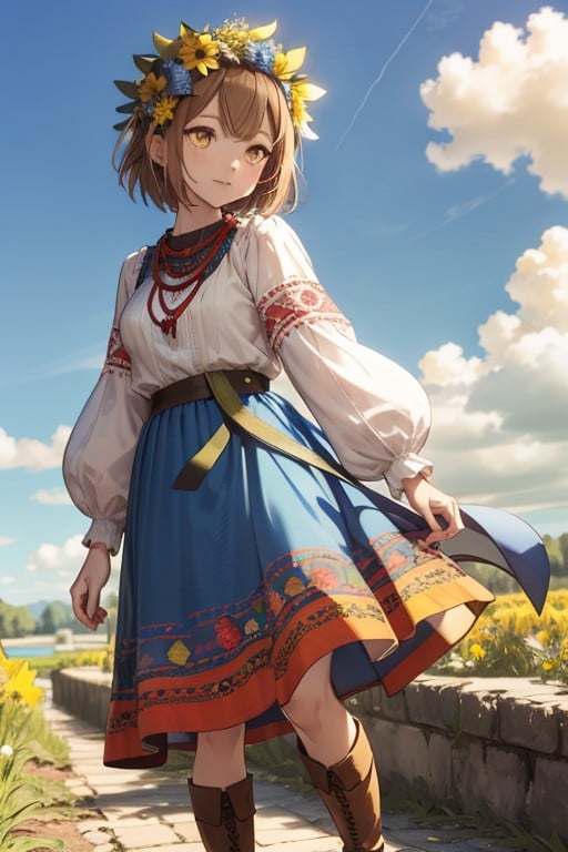 ukrainian dress, boots, short hair, day, necklace, brown hair, closed mouth, head wreath, yellow eyes, standing, sky, blue sky, <lora:7b14fab9-1b67-4a9e-ac76-0aba24cda6ea:0.7>