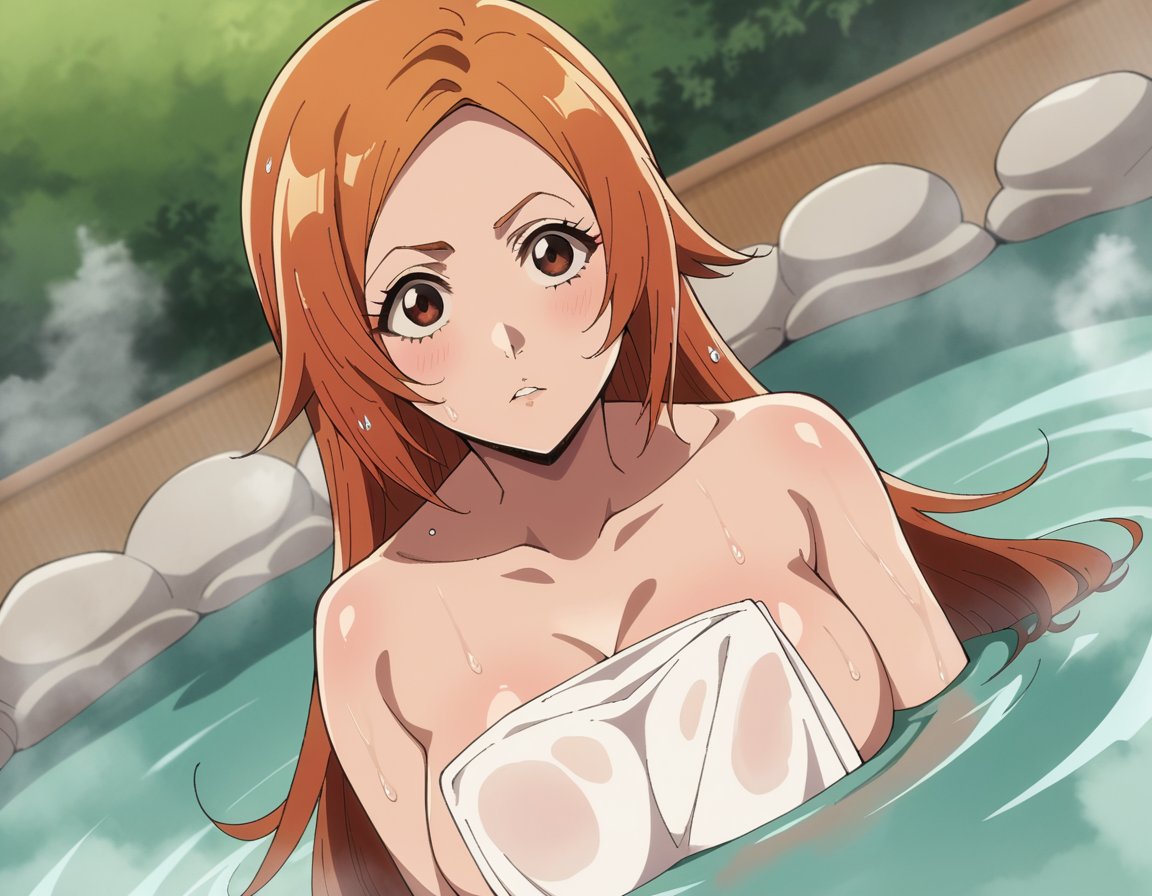 score_9, score_8_up, score_7_up, source_anime,inoueorihime, <lora:inoue-orihime-tybw-ponyxl-lora-nochekaiser:1>,inoue orihime, long hair, orange hair, brown eyes,nude, naked, outdoors, onsen, towel, naked towel, steam, bathing, nude cover, partially submerged, water, bath, steam censor, wet towel,looking at viewer, cowboy shot, dutch angle, solo,