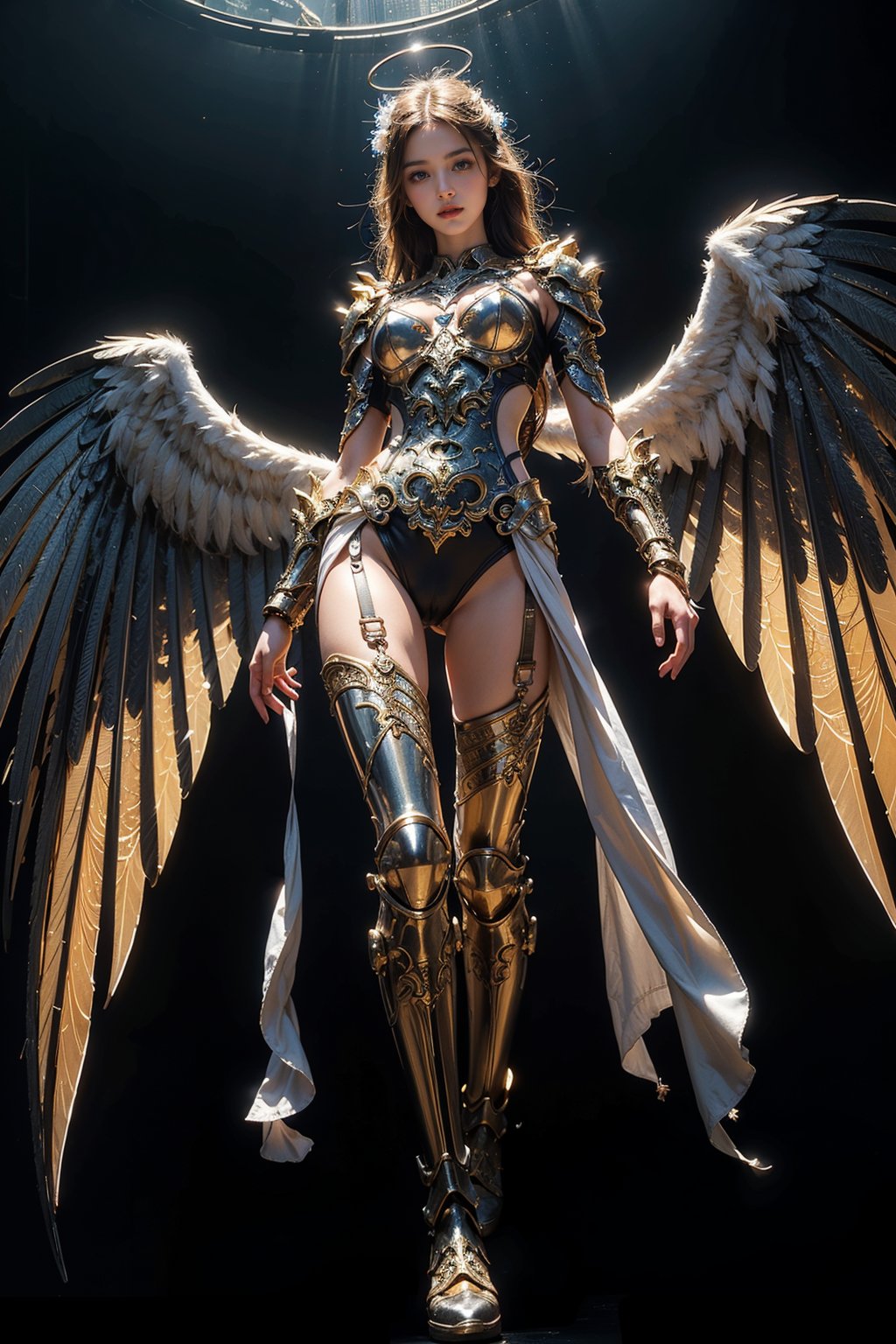 (best quality, masterpiece, colorful, dynamic angle, from below, highest detailed)upper body photo, full body photo, fashion photography of cute mechangel, glowing 4 wings, solo, glowing armor, glowing halo, building, glowing mechanical 4 wings (intricate details, hyperdetailed:1.15), detailed, light passing through hair, (official art, extreme detailed, highest detailed), HDR+