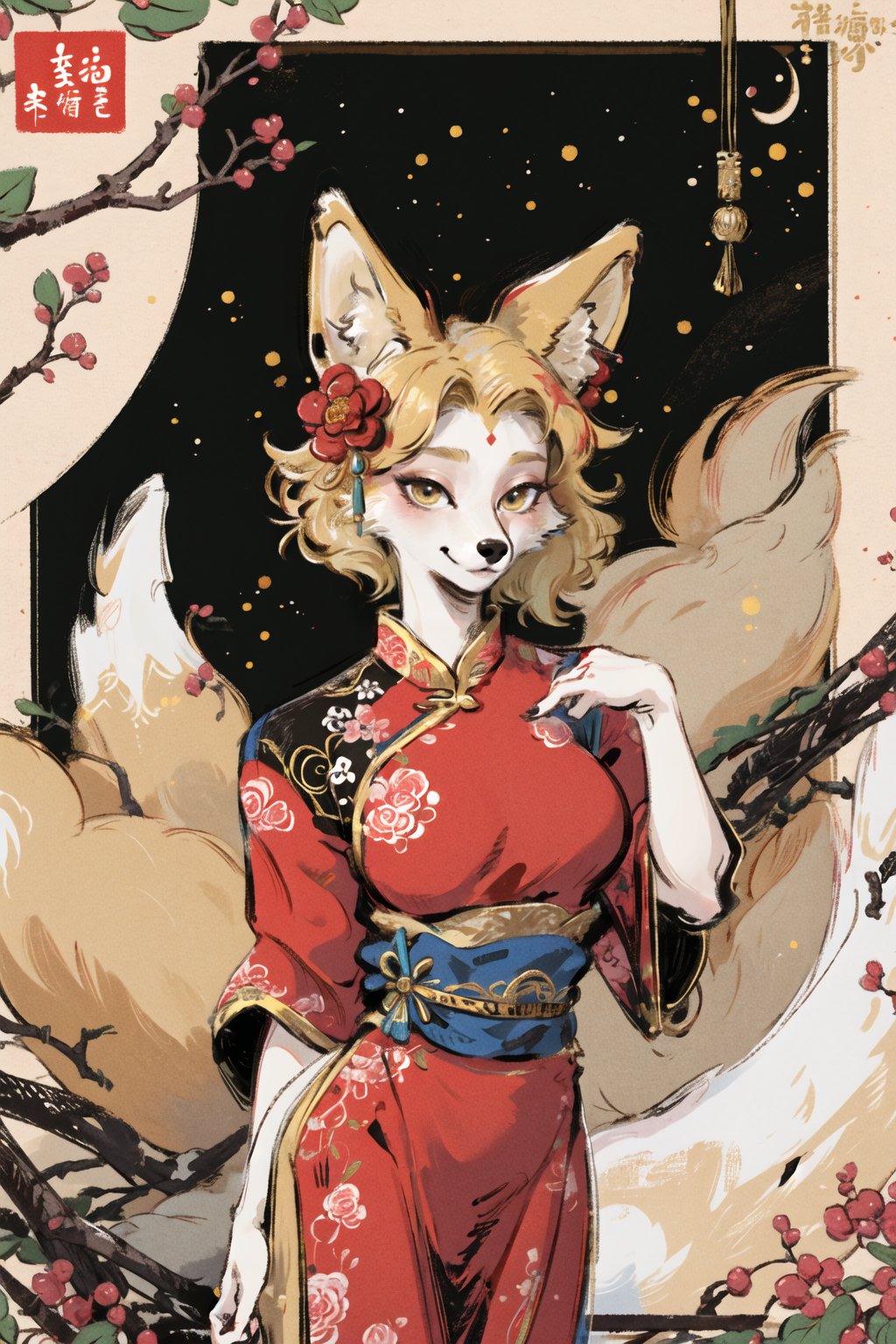 masterpiece,highres,furry fox girl,blonde,chinese dress, hair ornament, anicent china