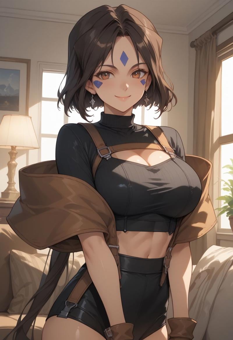 score_9, score_8_up, score_7_up, score_6_up, masterpiece, ultra detailed, best quality, source_anime, Expressiveh, BREAK, Peorth, bob cut with low ponytail, 1girl, smile, large breasts, black crop top, black short shorts, brown boots, clothing cutout, brown fingerless gloves, living room, day, shiny clothes, portrait,(detailed face, detailed eyes)