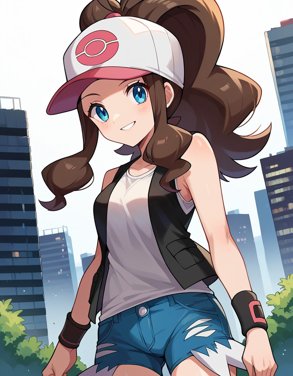 score_9, score_8_up, score_7_up, source_anime,pokemonhilda, <lora:pokemon-hilda-ponyxl-lora-nochekaiser:1>pokemonhilda, blue eyes, brown hair, long hair, ponytail, smile,baseball cap, blue shorts, denim, hat, shorts, vest, wristband, sleeveless, black vest, white shirt, shirt,outdoors, cityscape,looking at viewer, dutch angle, cowboy shot,