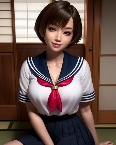 Yuika,brown hair,brown eyes,short hair,lips,white school uniform,cleavage,smile,blue skirt,red neckerchief,sitting,indoors,japanese home,(insanely detailed, beautiful detailed face, masterpiece, best quality),solo,<lora:YUIKA-11UMEv2:0.7>,