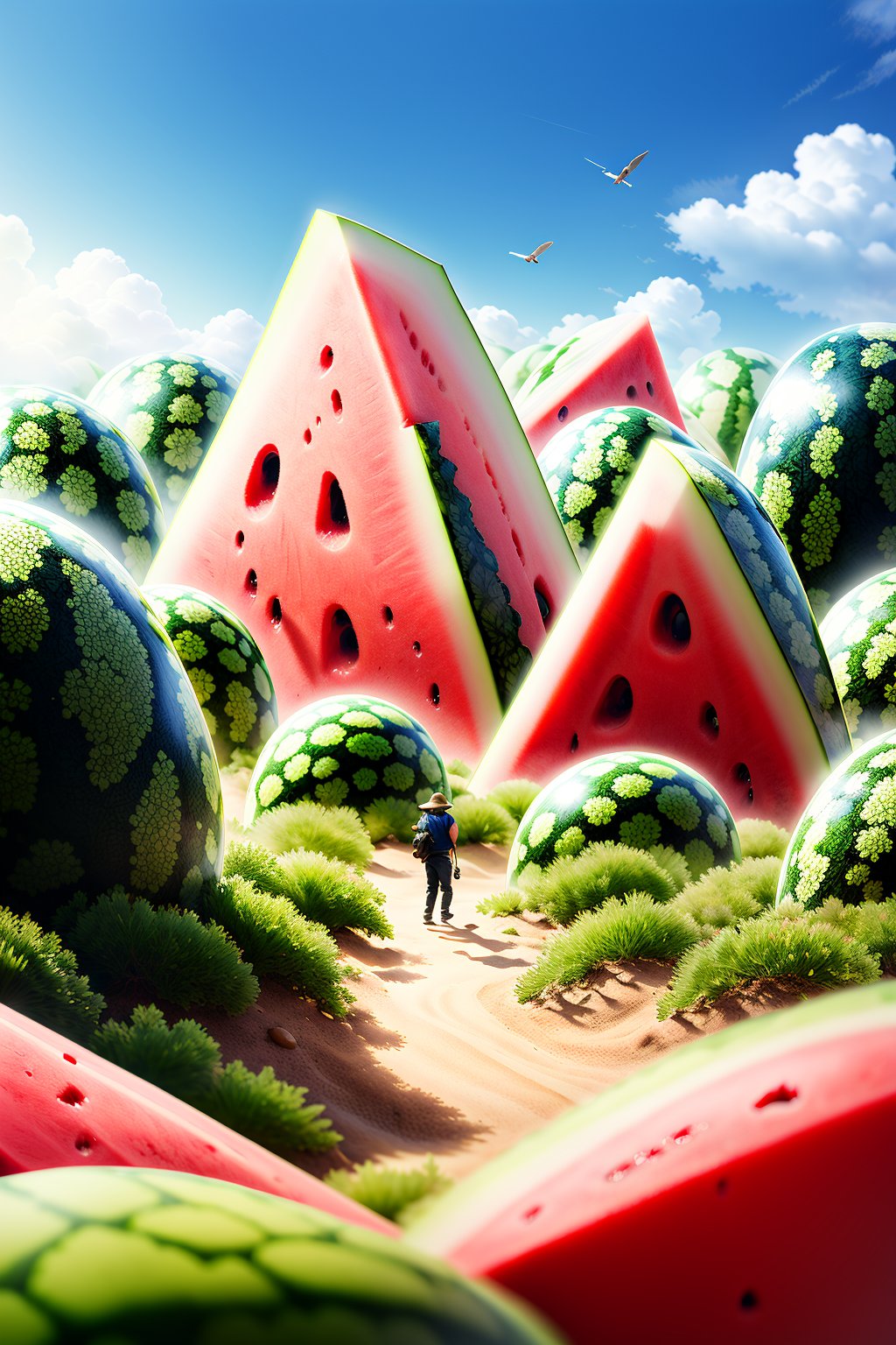 masterpiece,best quality,<lora:微缩世界-美食版>,miniature photography,a painting of a man walking on a hill with a car in the middle of it and a watermelon field in the background,