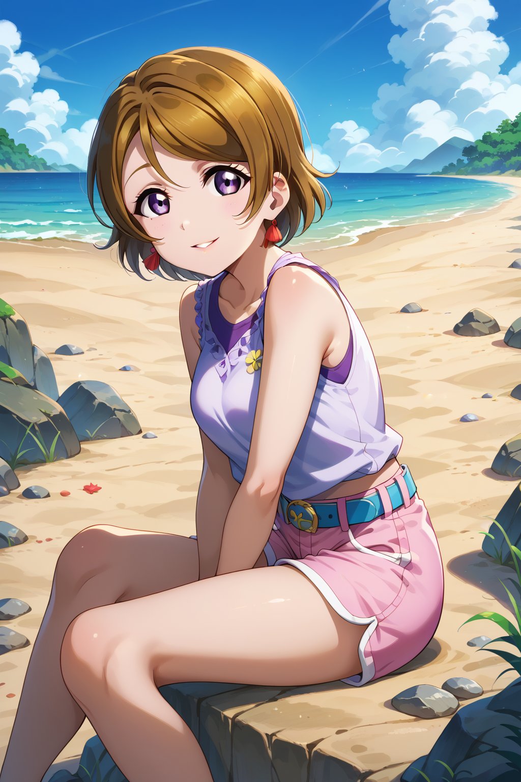 score_9, score_8_up, score_7_up, 1girl,konayo, short hair, brown hair, purple eyes, closed mouth, smile, parted lips,short shirt, sleeveless, shorts, belt, sitting, looking at viewer, looking on side, on rocks, beach backround, blue sky, outdoors<lora:EMS-461852-EMS:1.000000>