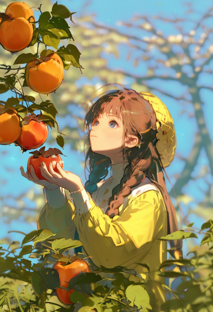 score_9, score_8_up, score_7_up, score_6_up, <lora:REDUMXL_P6_lokr_V53P1:0.95>   1girl, solo, fruit, food, holding, braid, brown hair, holding food, long hair, holding fruit, outdoors, apple, long sleeves, twin braids, yellow headwear, upper body, blurry, closed mouth, tree, blue eyes, hat, day, blurry background, bangs, hands up, looking up, leaf