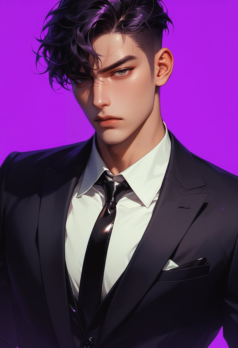 (score_9, score_8_up), score_7_up, score_6_up, neon purple background, 1boy, manly, neon purple background, green theme, slick back hair, formal suit, black neck tie, frown, annoyed, black hair, mob boss, black eye wear