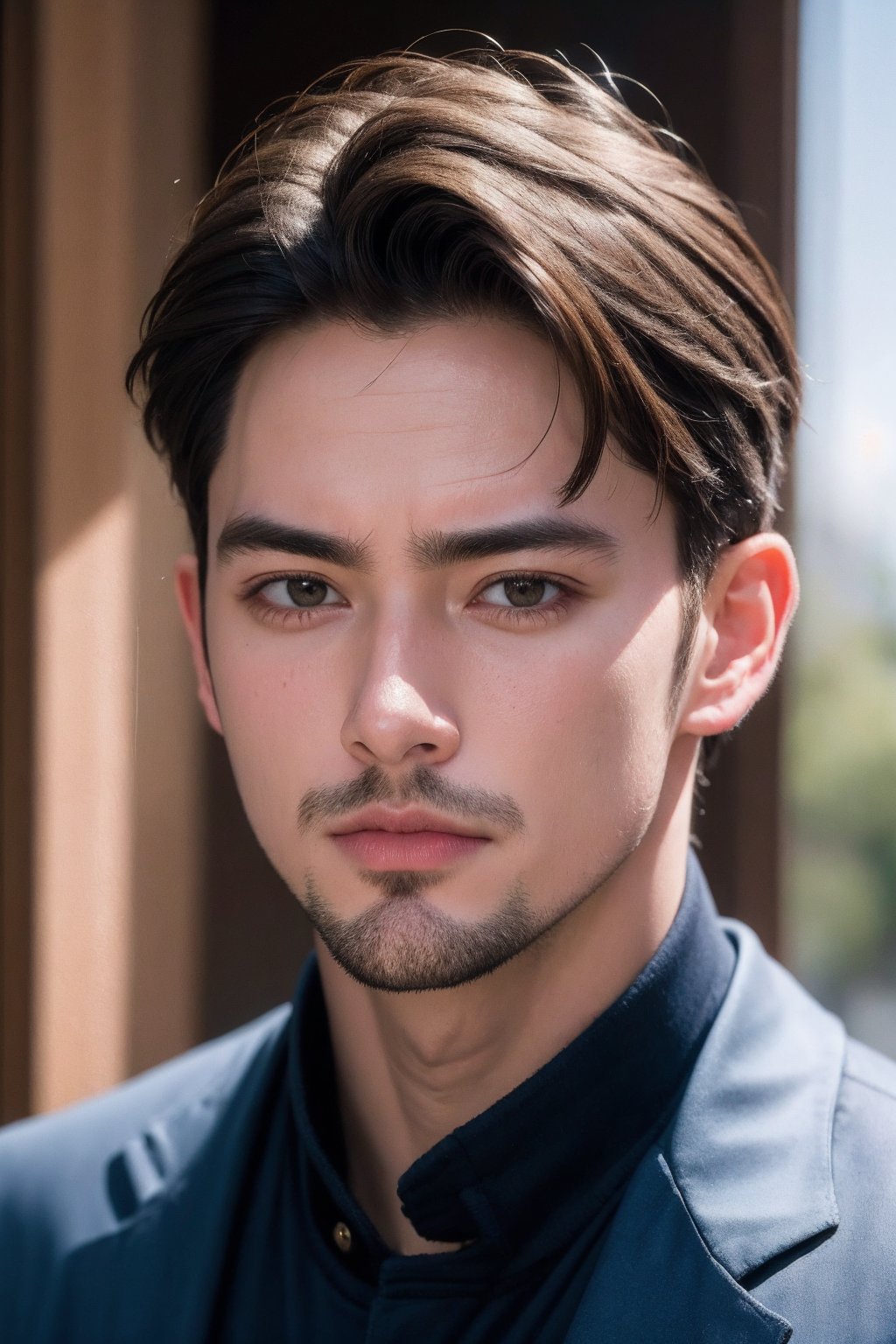 realistic, solo, photorealistic, male focus, 1boy, looking at viewer, shirt, brown eyes, short hair, brown hair, black shirt, jacket, facial hair, closed mouth, grey jacket, portrait