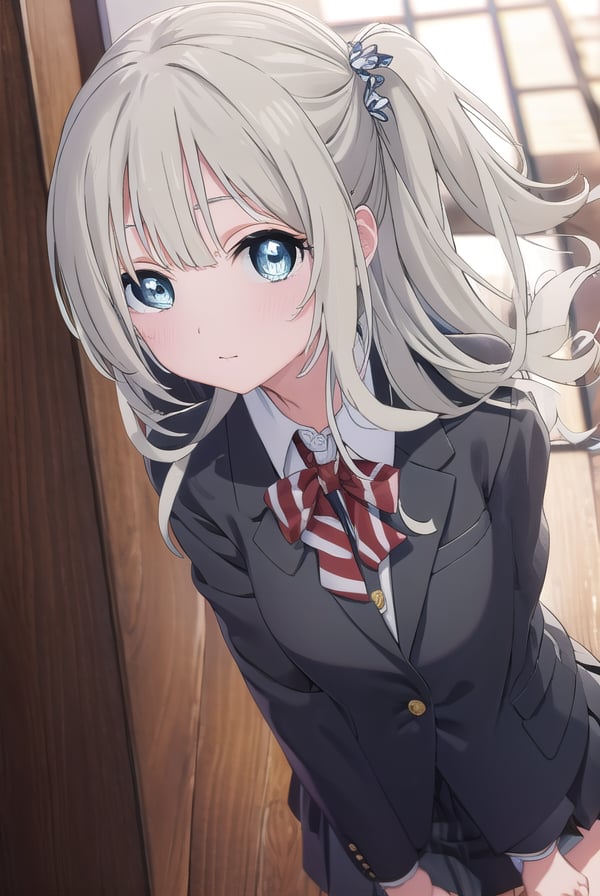 hotaruhiraiwa, <lora:hotaru hiraiwa s1-lora-nochekaiser:1>,hotaru hiraiwa, long hair, bangs, blue eyes, grey hair,BREAK skirt, long sleeves, school uniform, jacket, socks, black skirt, two side up, black jacket, kneehighs, blazer, black socks, bow, bowtie, stripped, stripped bowtie,BREAK indoors, classroom,BREAK looking at viewer, (cowboy shot:1.5),BREAK <lyco:GoodHands-beta2:1>, (masterpiece:1.2), best quality, high resolution, unity 8k wallpaper, (illustration:0.8), (beautiful detailed eyes:1.6), extremely detailed face, perfect lighting, extremely detailed CG, (perfect hands, perfect anatomy),