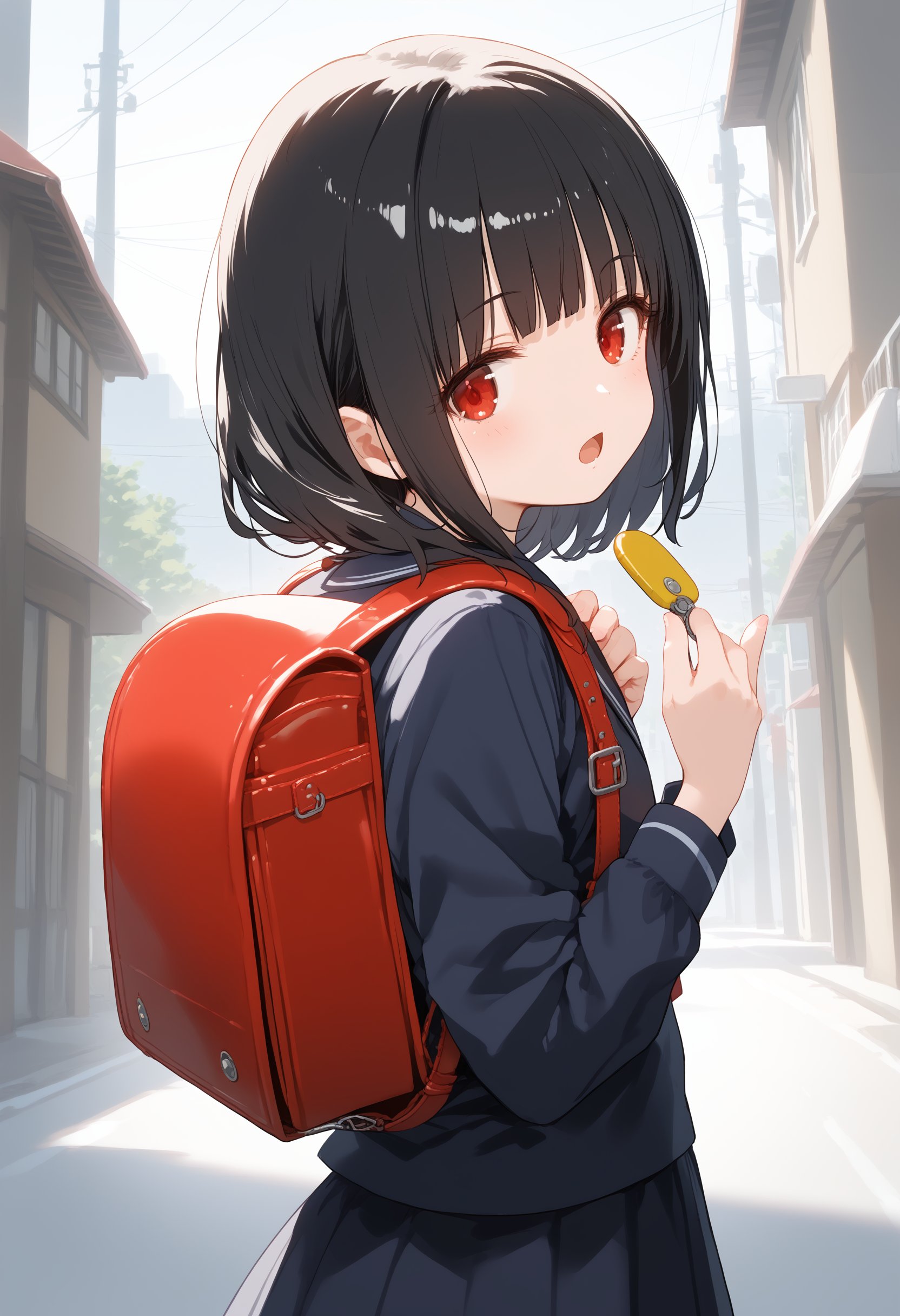 1girl, solo,crime prevention buzzer, holding, looking at viewer, hands up, randoseru, backpack, <lora:crimepreventionbuzzer_Pony_v1:0.8>from behind, wide shot, looking to the side, black hair, red eyes,doyagao, hotel, open mouth, single hair,,