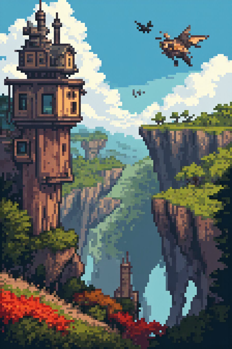 <lora:Aziib_Pixel_Style:1> style of aziib_pixel, a ybeautiful steampunk landscape with flying blimb.