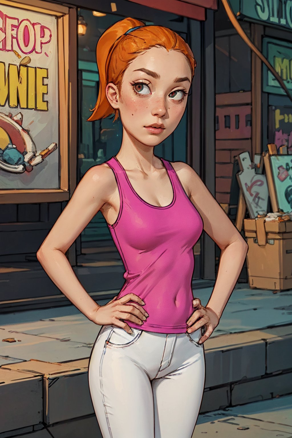 summer.smith, orange hair, 1girl, ponytail, solo, pink tank top, white pants, breasts,looking at viewer,standing, upper body, hand on hip,       <lora:summer2-000007:0.6>