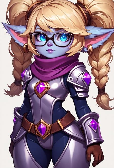 score_9, score_8_up, score_7_up, score_6_up,source_anime,full height, portrait, hextech (league of legends), 1girl, solo, PoppyLoLXL, yordle, shortstack, short_girl,fluffy ears, earrings, a girl with blue skin, blue glowing eyes, blonde hair braided into two ponytails, wearing purple clothes with amethyst armor, brown fur gloves on her belts and glasses on her head, as well as a purple scarf,