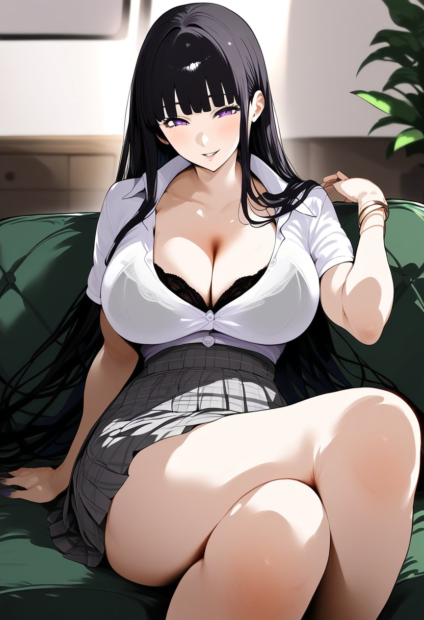 tss, score_9, score_8_up, score_7_up, score_6_up, source_anime, <lora:STS 0.4v:1>,1girl, breasts, solo, skirt, sitting, black hair, long hair, bangs, smile, cleavage, looking at viewer, short sleeves, hair ribbon, shirt, purple eyes, large breasts, white ribbon, ribbon, plaid skirt, white shirt, plaid, couch, grey skirt, collarbone, thighs, indoors, living room, blunt bangs, parted lips, high-waist skirt, feet out of frame, nail polish, bracelet, very long hair, arm support, see-through, black bra, bra, pleated skirt, underwear, jewelry, on couch, bra visible through clothes