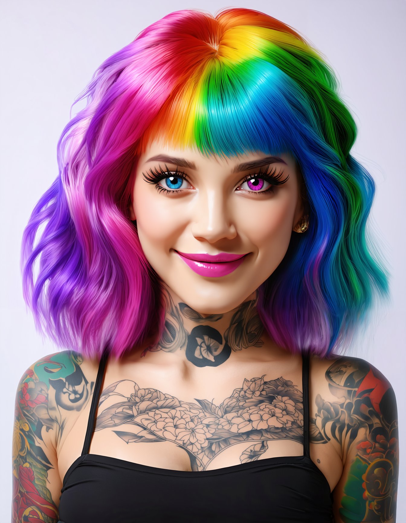 (best quality, highres)women, short crop top, rainbow hair, purple eyes, cute smile, full body tattoo, beautiful detailed eyes, beautiful detailed lips, extremely detailed eyes and face, long eyelashes, physically-based rendering, studio lighting, portraits