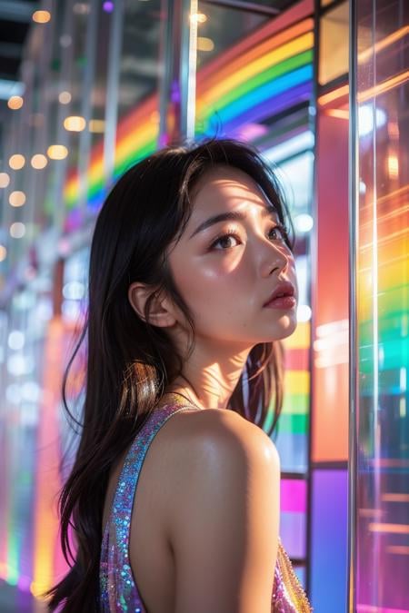 A 28-year-old Asian girl,Upper body view,Surrounded by a vibrant display of rainbows,The background is a complex glass structure,The rainbows create a mesmerizing atmosphere,reflecting off the transparent surfaces,The scene is modern,colorful,and filled with a sense of wonder,Detailed,magical,1girl,best quality,masterpiece,illustration,an extremely delicate and beautiful,CG,unity,8k wallpaper,Amazing,finely detail,masterpiece,official art,extremely detailed CG unity 8k wallpaper,incredibly absurdres,huge filesize,ultra-detailed,highres,extremely detailed,beautiful detailed girl,realistic,<lora:rainbow glass_20240305204338:0.8>,