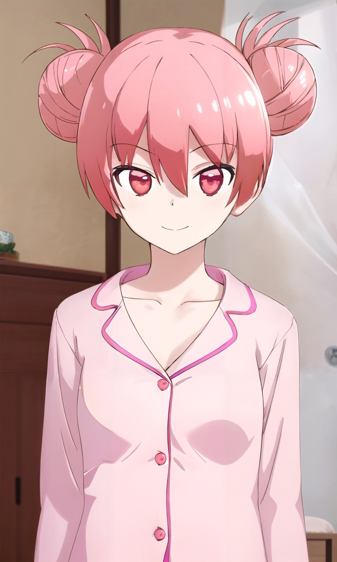 highres, tsukasabun, bangs, red eyes, hair between eyes, collarbone, pink hair, hair bun, double bun, pink shirt, pajamas, looking at viewer, happy, closed mouth, indoors, <lora:tsukasa10:0.95>