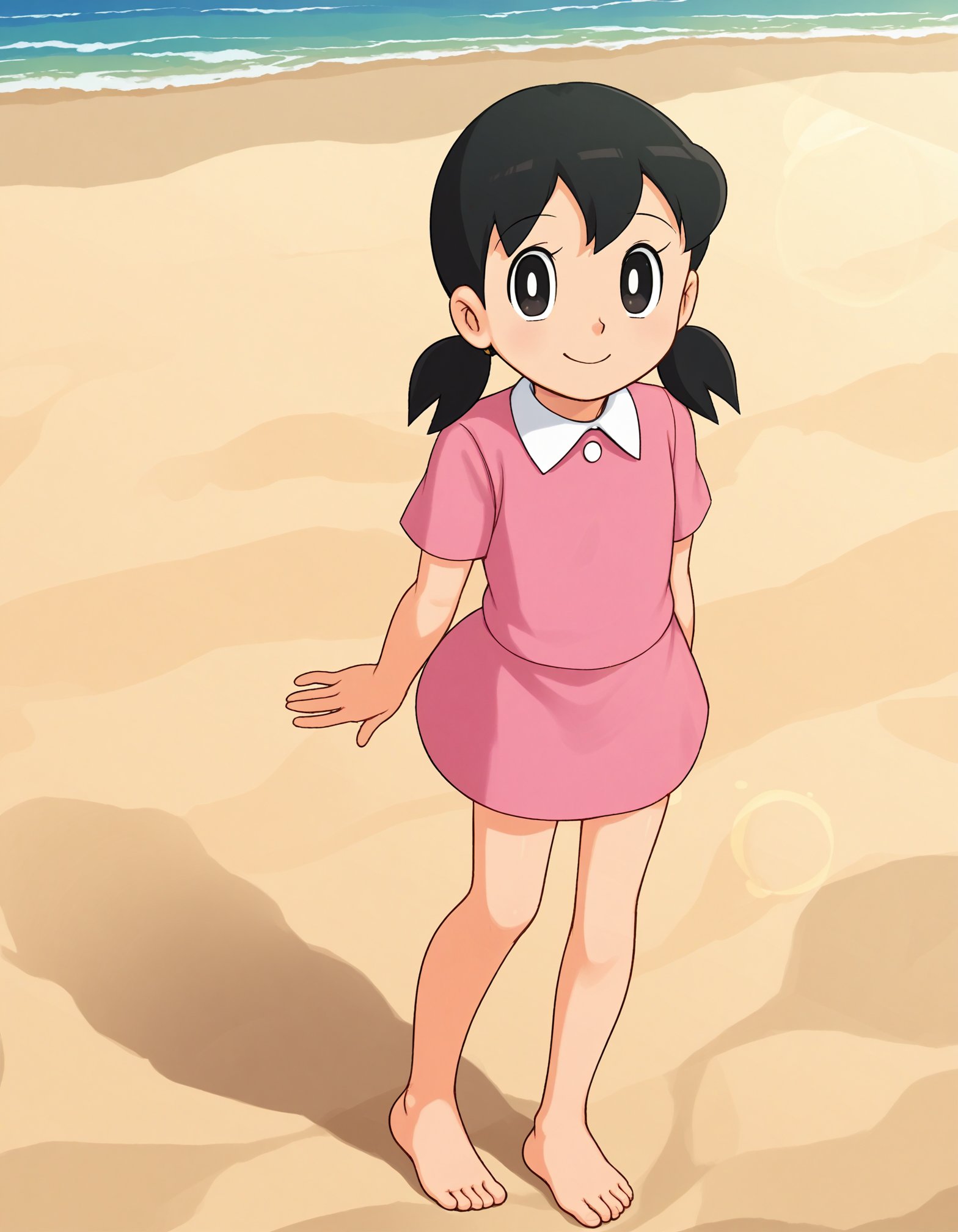 score_9, <lora:sdxl_lightning_8step_lora:1> source_anime, rating_safe BREAK 1girl, solo,minamoto shizuka \(doraemon\), black hair, low twintails, short twintails, black eyes, pink dress, short sleeves, white collar, wind, floating hair, beach shore, sunny, barefoot, smile, sunbeam, lens flare<lora:ponyxl-character_shizuka_nobg:1> <lora:Fixhands_anime_bdsqlsz_V1:1>