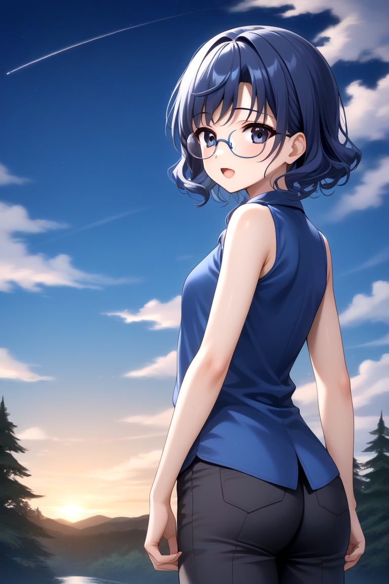 Highly detailed, High Quality, masterpiece, beautiful, 1girl, solo, (feminine focus, young woman, 16 years old), ai yamagata, short hair, blue hair, glasses, black eyes, (small breasts), Open mouth, sleeveless, ((sky blue shirt:1.8)), pants, forest, night, outdoors, from_behind, looking_at_viewer, full_body, front_view<lora:EMS-432479-EMS:1.000000>