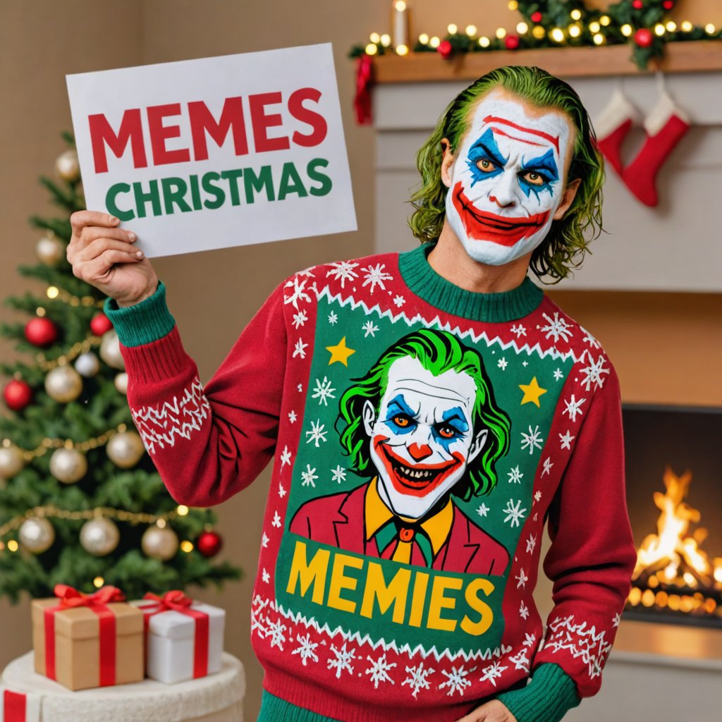 Photo of joker in ugly christmas fire sweater with a sign that says "memes xl"