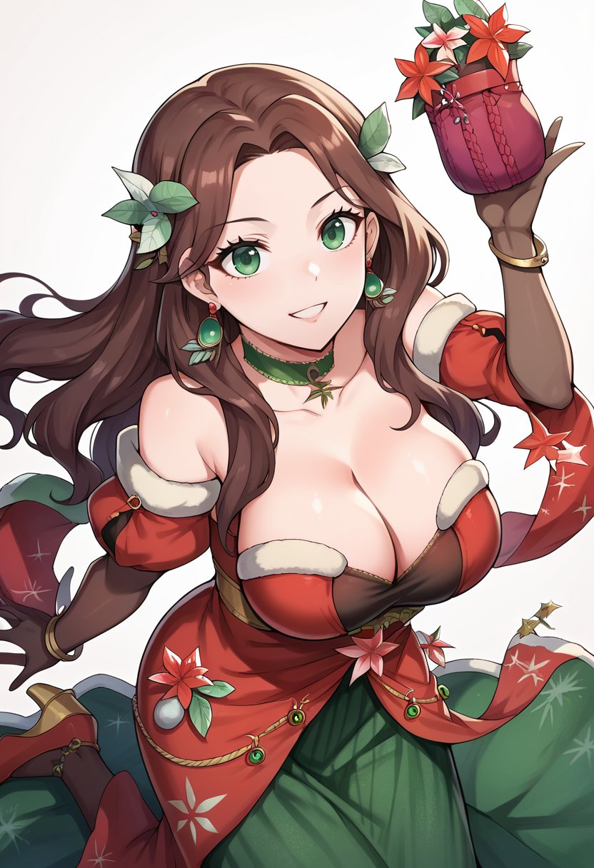 score_9, score_8_up, score_7_up, source_anime,  mldorchr, bare shoulders, bracelet, brown hair, cleavage, collarbone, detached sleeves, earrings, elbow gloves, green choker, green eyes, green skirt, hair ornament, high heels, jewelry, large breasts, long hair, mistletoe, red dress,  <lora:dorothea-take-1pdxl:1>, smile, cleavage, collarbone,  bare shoulders, 