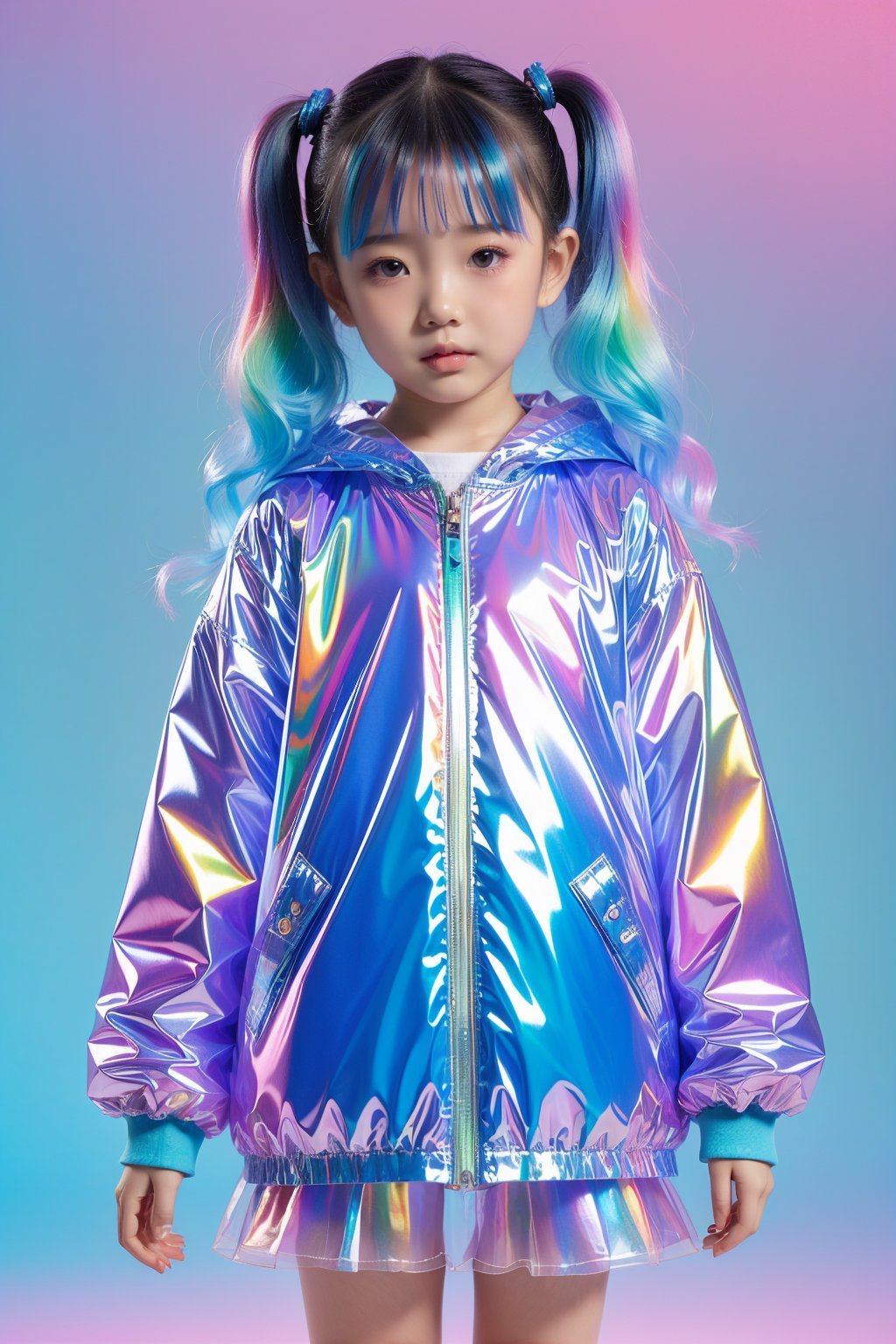 5-year-old girl,transparent color PVC clothing,transparent color vinyl clothing,prismatic,holographic,chromatic aberration,fashion illustration,masterpiece,girl with harajuku fashion,looking at viewer,8k,ultra detailed,pixiv,solid background,colorful gradient hair,<lora:LEISHE_20240429220547:0.8>,