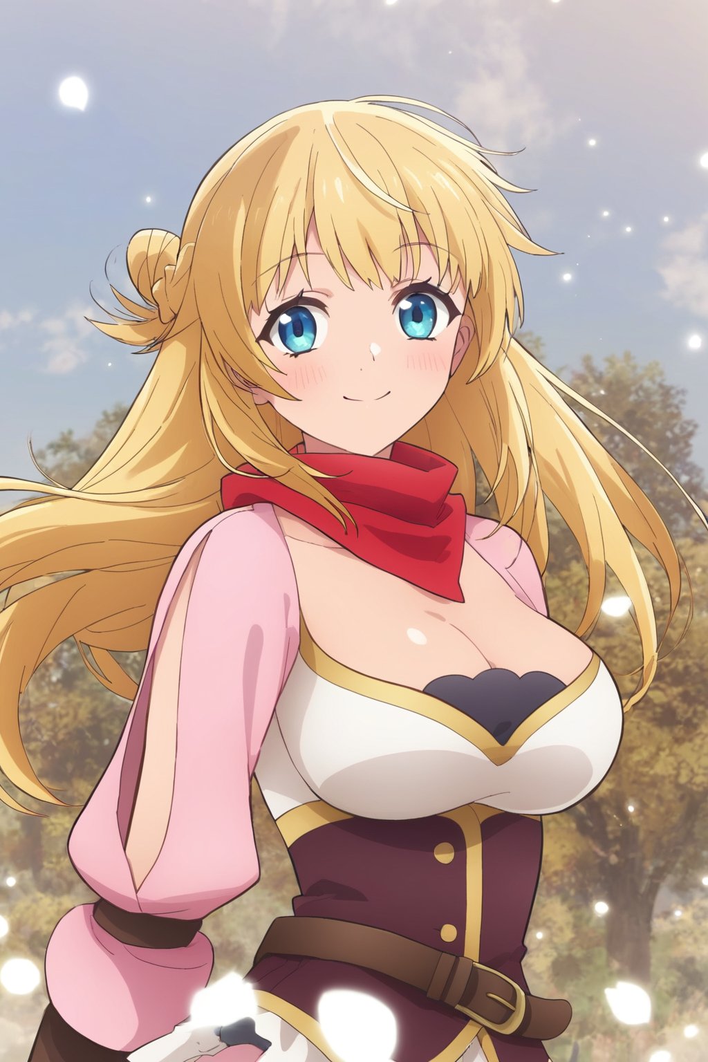 score_9, score_8_up, score_7_up, score_6_up, score_5_up, score_4_up, source_anime,ritto, single hair bun, 1girl, blonde hair, solo, blue eyes, long hair, smile, looking at viewer, hair bun, blush, closed mouth, red scarf, portrait, sky, cowboy shot, outdoor, belt, masterpiece, perfect face, best quality, beautiful girl, cute girl, beautiful eyes, shiny eyes, anime coloring, anime screencap, absurdres, award winning, dynamic pose, cowboy shot,<lora:ritto s2 nai 904:0.8>