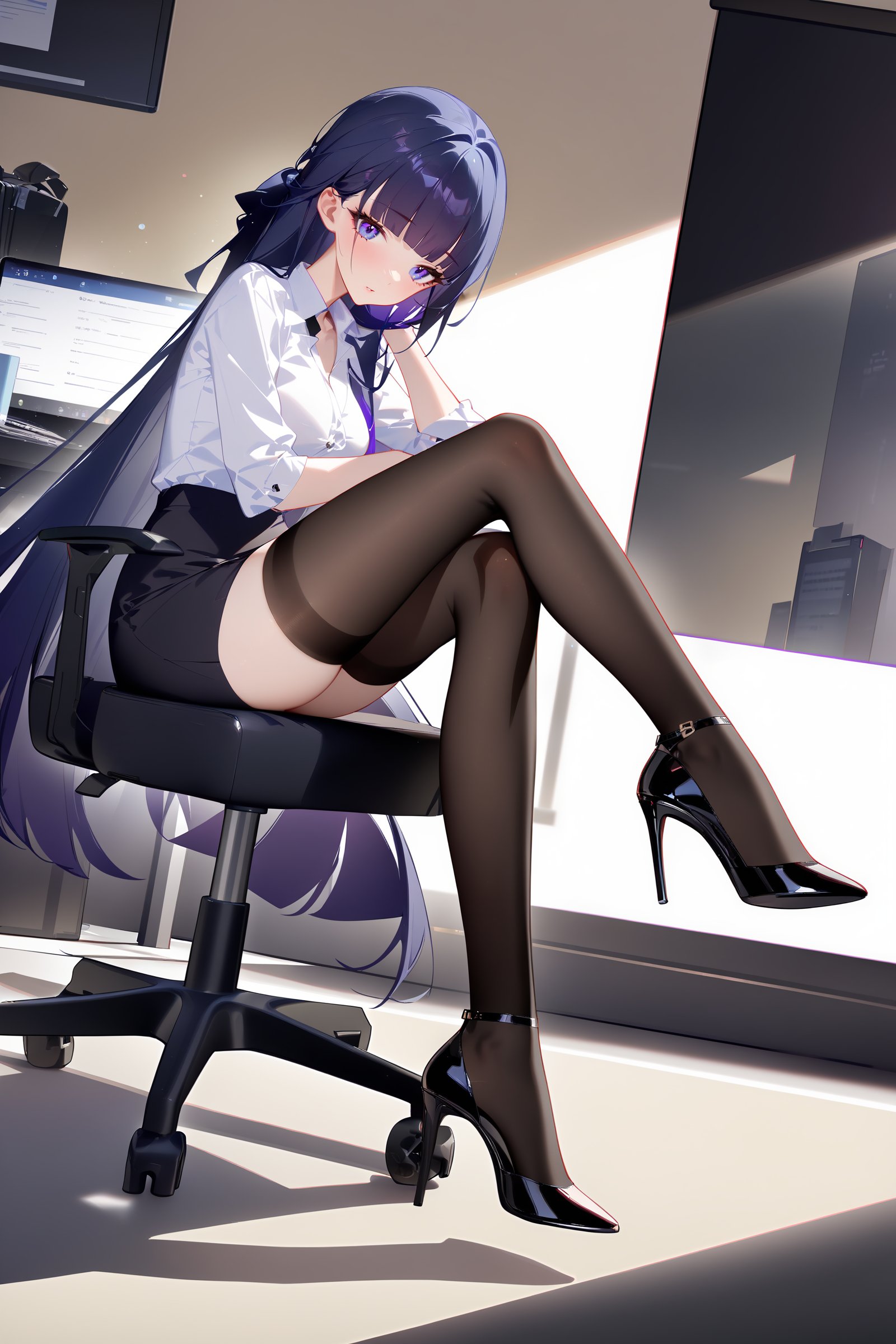 masterpiece, best quality, very aesthetic, ray tracing, newest,(hitenkei, askzy:0.5), 1girl, raiden mei, solo, office lady, collared shirt, white shirt, pencil skirt, black thighhighs, high heels, sitting, full body, office, office chair, indoors, depth of field  <lora:Char-Honkai-Raiden_Mei-XL-V1:0.9>