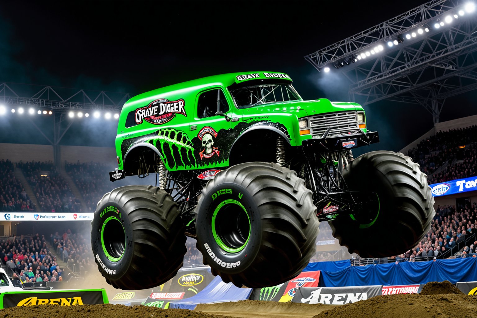 (The Grave Digger Monster Truck), black paintwork, green decals, Jumping high above cars, Arena show, huge crowds in the stands, competition, motion effects, arena show lighting, view from stands, UHD,  painstaking attention to details