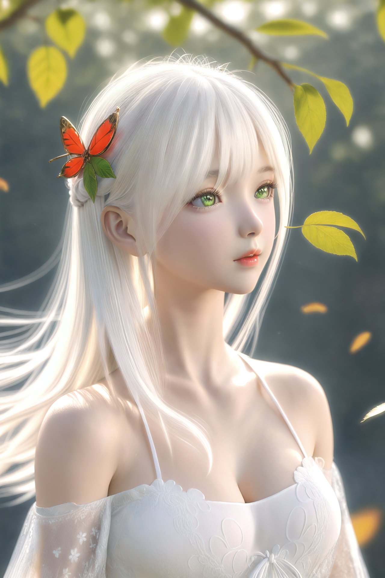 (masterpiece),(best quality),illustration,ultra detailed,hdr,Depth of field,(colorful),realistic,loli,1girl,solo,long hair,green eyes,blonde hair,hair ornament,bare shoulders,hanfu,breasts,dress,chinese clothes,white hair,upper body,leaf,bug,cleavage,white dress,