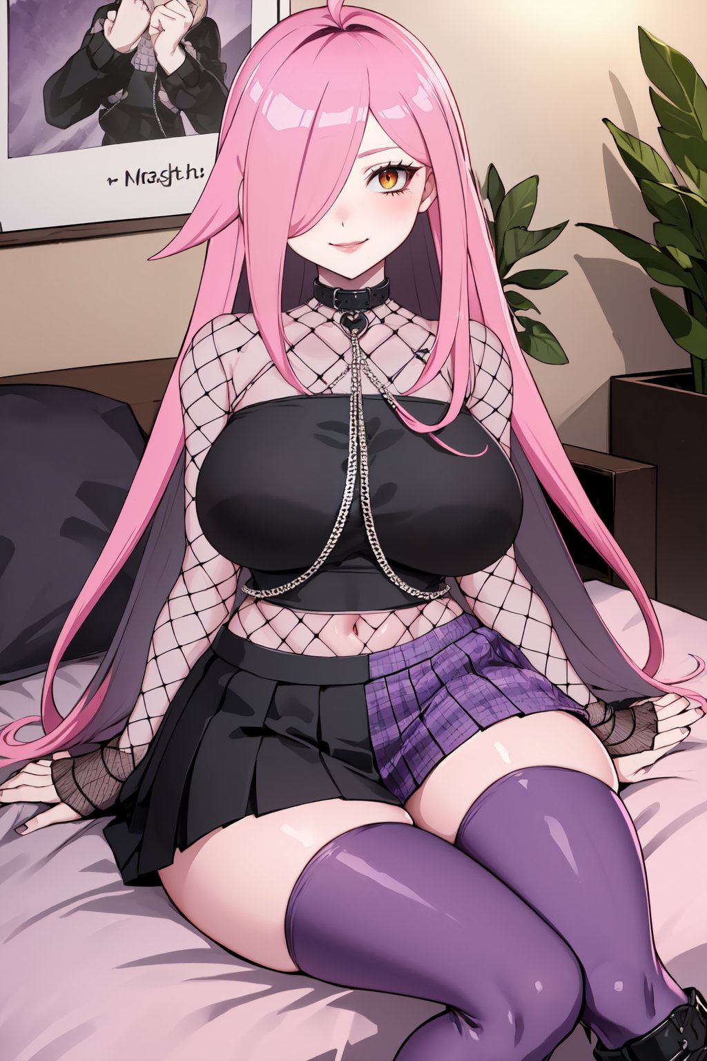 (masterpiece, best quality), NeneEfthyVT, yellow eye, hair covering one eye, long hair, pink hair, ahoge, collar, navel,  (black pads sleeve:1.2), collar with chain, black crop top, (mesh:1.3), purple skirt, black skirt, skirt, square skirt, (two tone skirt:1.3), (half color skirt:1.3), (thight mesh:1.4), ((purple thighhighs:1.3)), black boots, ((solo)), sitting, looking at viewer, seductive smile, room, indoors  <lora:NeneEfthyVT:0.7>