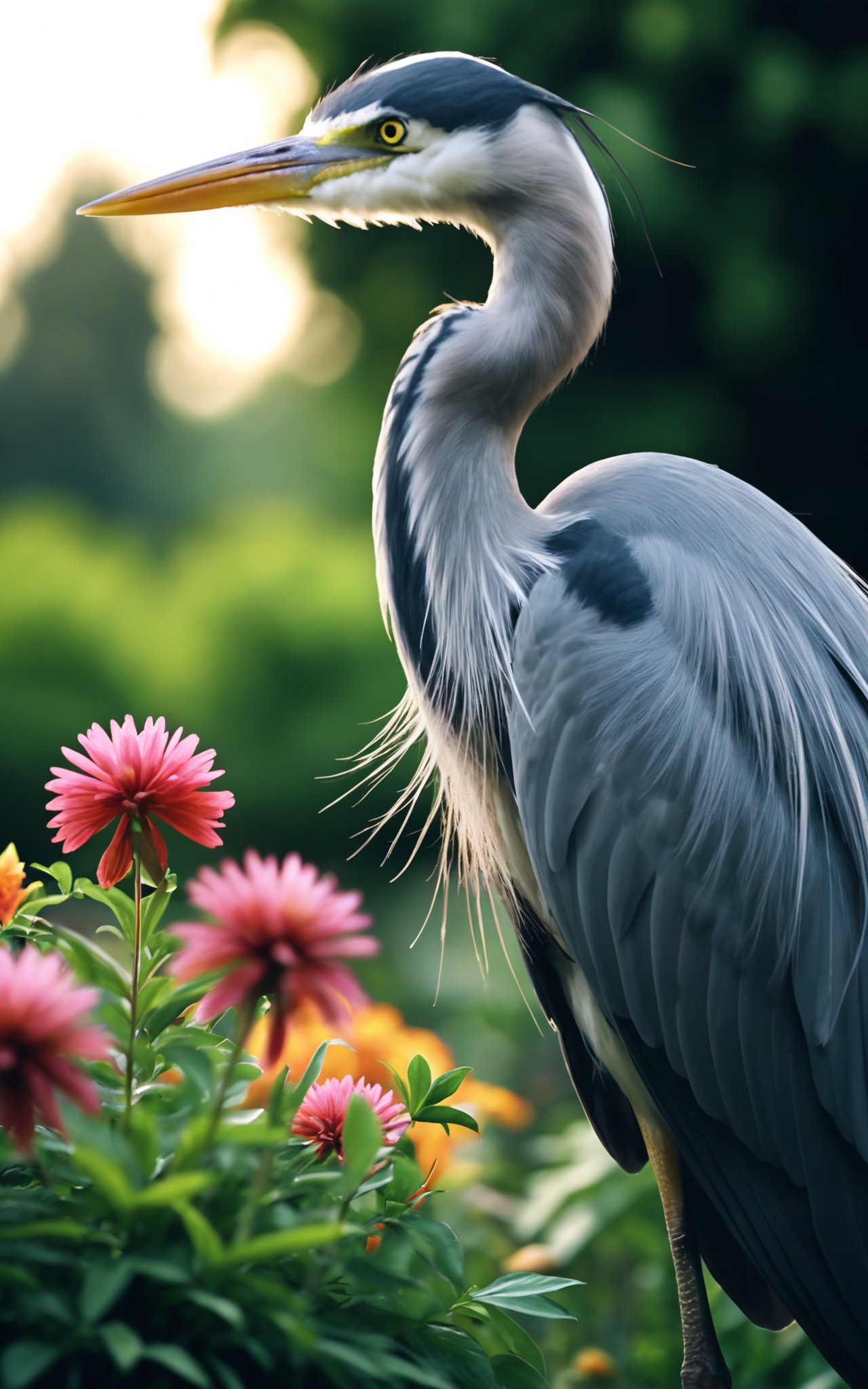 RAW photo, a grey heron, macro shot, deep darks, analog film grain, hdr, extremely detailed, 8k, masterpiece, 35mm photograph, background with flowers, amazing natural lighting, brilliant composition