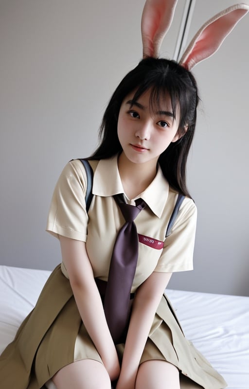 1girl,medium breasts,Japanese style photo,Japanese high school student,wearing school uniform,rabbit sitting,on a white bed,attractive,attractive eyes,want to have sex,looking at the camera,boyfriend perspective,big eyes,delicate features,fair skin,<lora:rixikeaishaonv:0.6>,