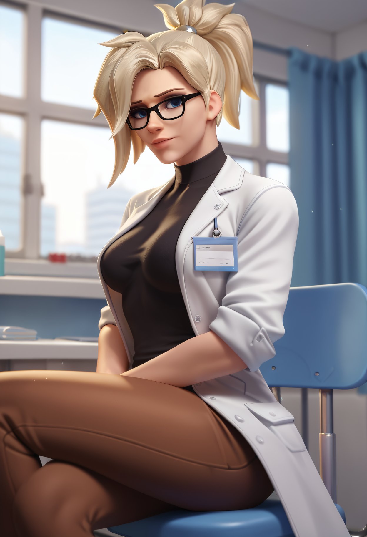 score_9,score_8_up,score_7_up,score_6_up ,source_overwatch <lora:overwatch_rule34_xl_pd_goofy_16:1>1girl, solo, mercy \(overwatch\), glasses, lab coat, hospital, indoors, sitting, stool, looking at viewer, shirt, depth of field, brown pants, black shirt, window,