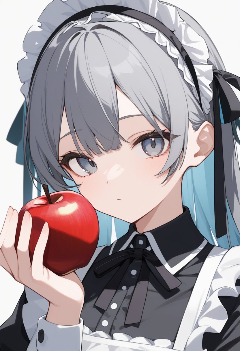 1girl,solo,Grey hair,long hair,maid's outfit,close-up of face,looking at viewer,holding apple,newest,highres,absurdres,highly detailed,best quality,