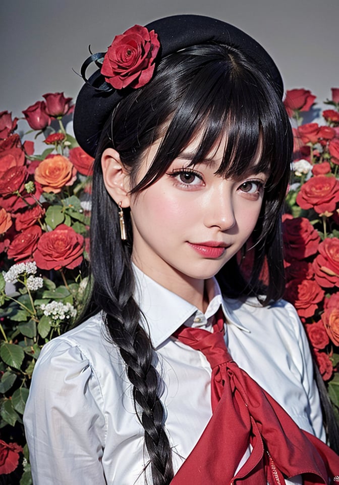 <(photorealistic:1.4), (extremely intricate:1.2)>, pale skin, 1girl, solo, blue eyes, hat flower, star (symbol), long hair, smile, beret, frills, red flower, white bow, long sleeves, blonde hair, single braid, red rose, looking at viewer, black headwear, center frills, bowtie, bangs, closed mouth, BREAK, <(exquisitely detailed skin), cinematic light, ultra high res, 8k uhd, film grain, perfect anatomy, best shadow, delicate, RAW>, 