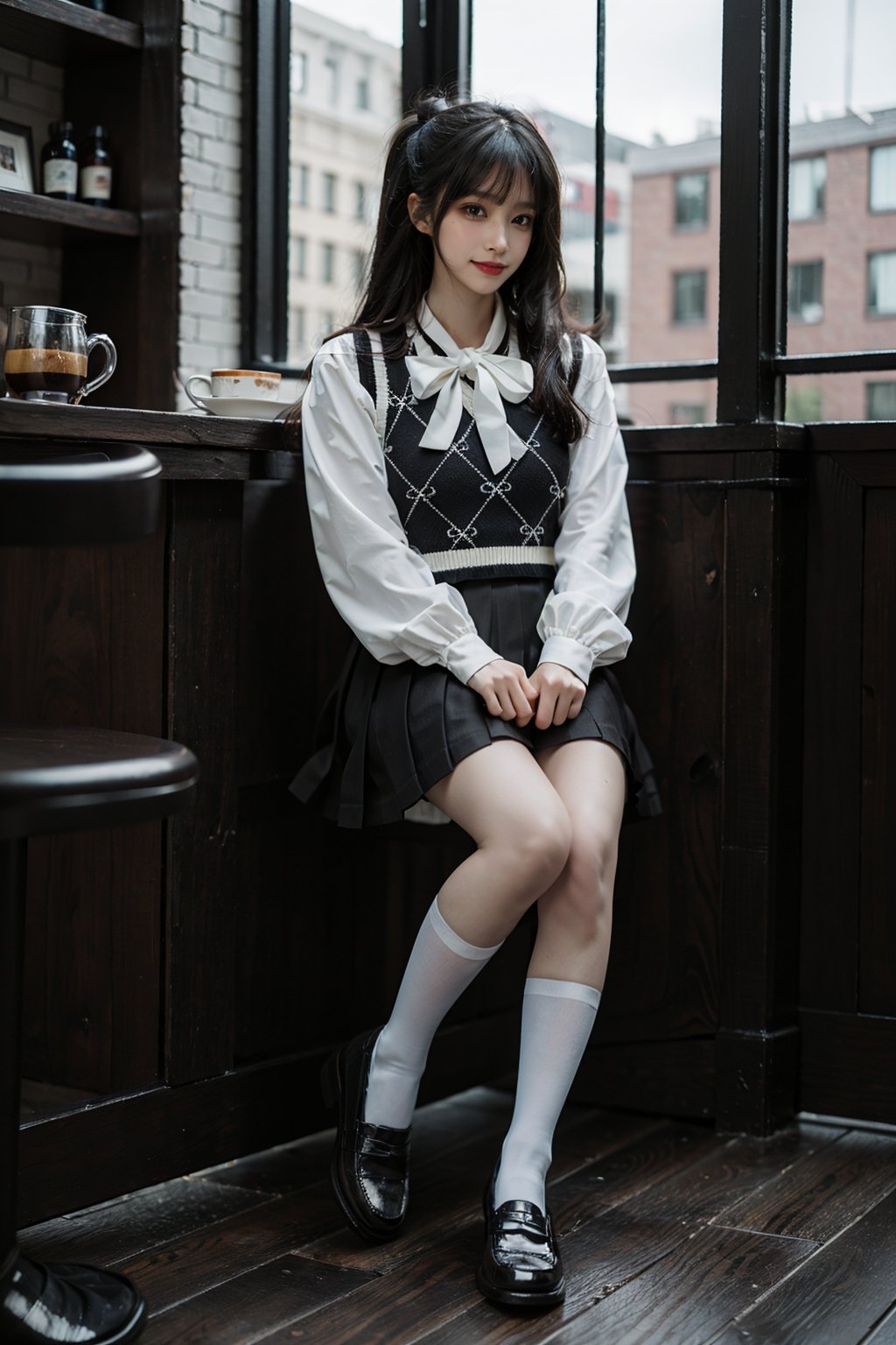 best quality, quality, masterpiece, photorealistic, sitting, 1girl, solo, full body, slime girl, dating attire, socks, black shoes, cafe, coffee, depth of field, depth of field, window, detailed background, <lora:dating_attire_style1_v1:0.75>