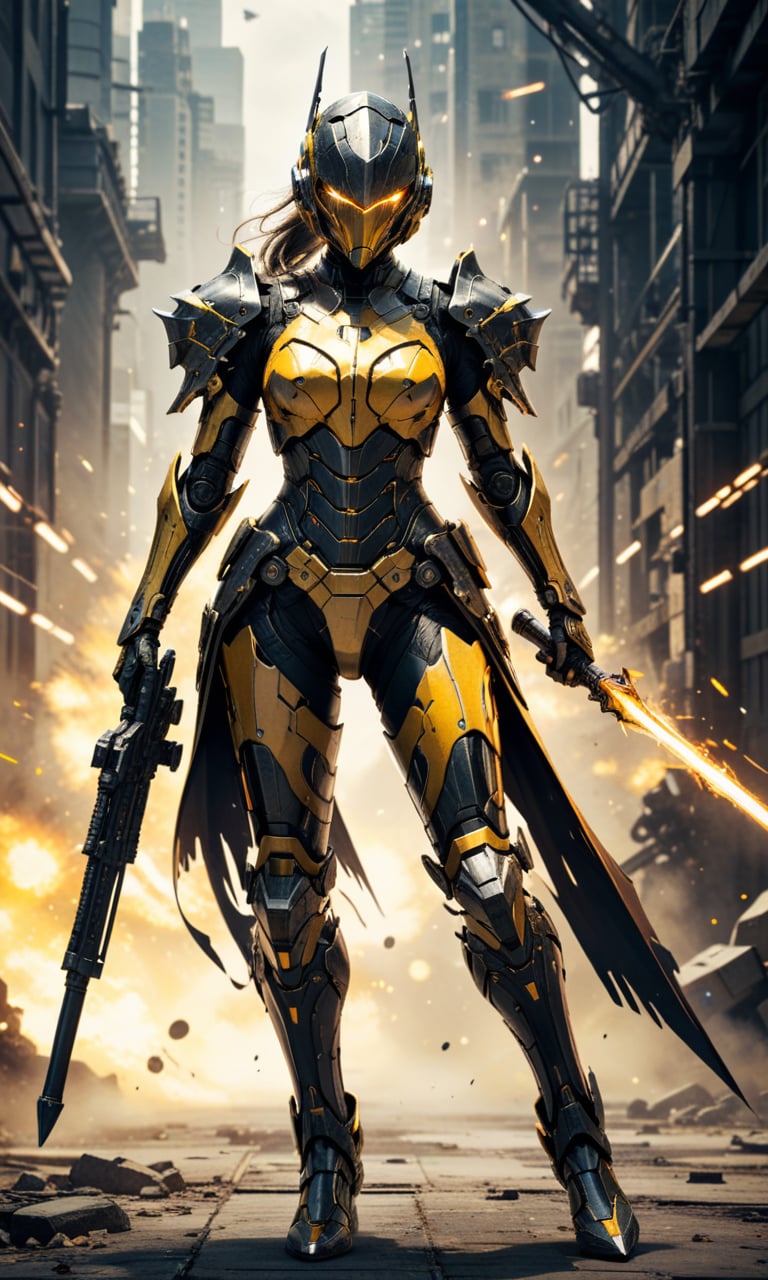 4n1v3rs3, zPDXLrl, hyper-realistic 3/4 view full body female spacepunk knight with a stern look, holding a weapon, jumping, character design inspired by Yoji Shinkawa and Tsutomu Nihei, black and yellow, battle-worn armored intricate and elegant with scars and scratches, in 16k Ultra Highres