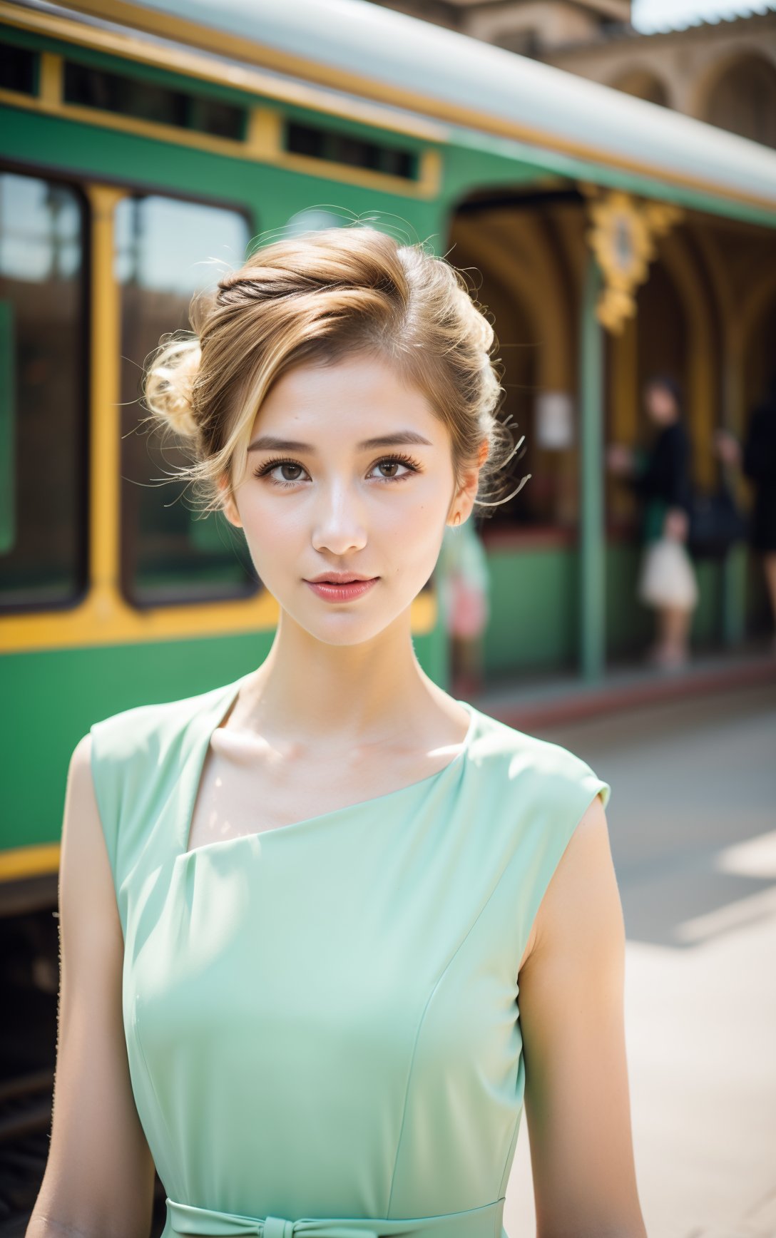 Lanky body,Messy blonde chignon hairstyle,Refreshing Mint TeaTiered dress,Historic train station with vintage architecture,Oblong facePleased facial expression,dynamic attitude,,