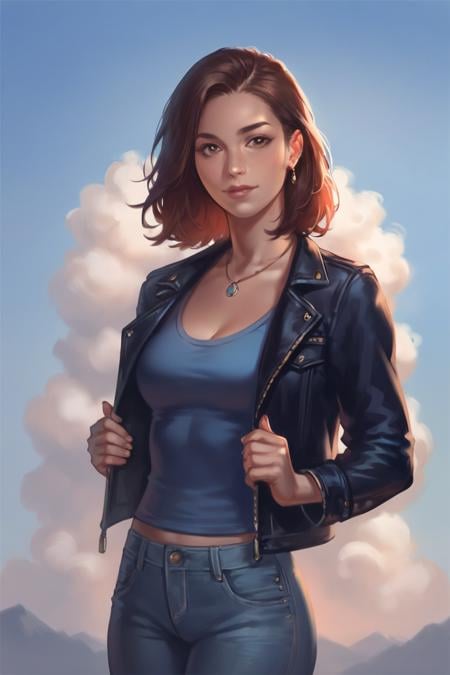 score_9, score_8_up, score_7_up, score_6_up, score_5_up, score_4_up, rating_safe, 1girl, solo, denim, brown hair, jacket, shirt, outdoors, pants, looking at viewer, jeans, lips, realistic, cloud, jewelry, blue shirt, medium hair, long sleeves, cloudy sky, brown eyes, sky, open clothes <lora:Smooth Style LoRA XL:1>