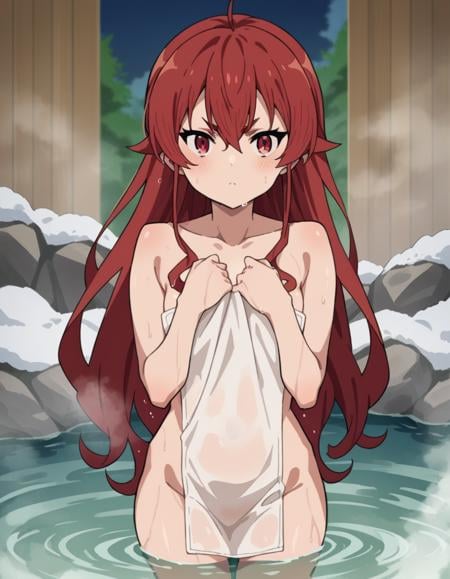 score_9, score_8_up, score_7_up, source_anime,erisgreyrat, <lora:eris-boreas-greyrat-s1-ponyxl-lora-nochekaiser:1>,eris greyrat, ahoge, hair between eyes, long hair, red eyes, red hair, sidelocks,nude, naked, outdoors, onsen, towel, naked towel, steam, bathing, nude cover, partially submerged, water, bath, steam censor, wet towel,looking at viewer, dutch angle, cowboy shot,